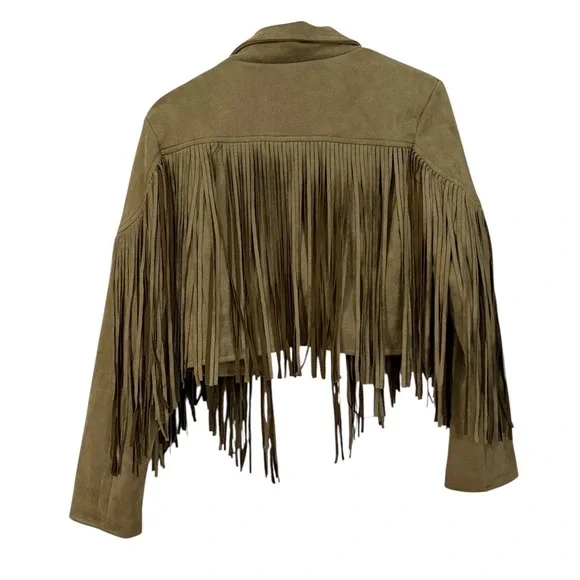 Western Faux Suede Fringe Jacket Cropped Brown Boho Festival Veveret M - Picture 3 of 8